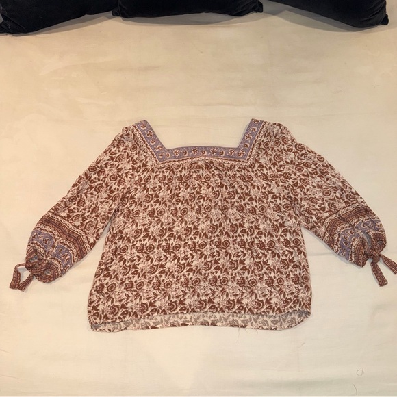 Rachel Zoe Brown Floral Square-Neck Boho Blouse with Lavender Trim - Picture 2 of 7